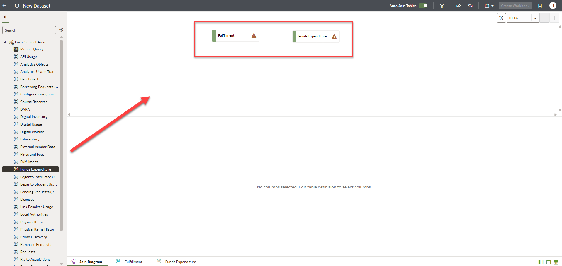 The new dataset window with two new subject areas added.